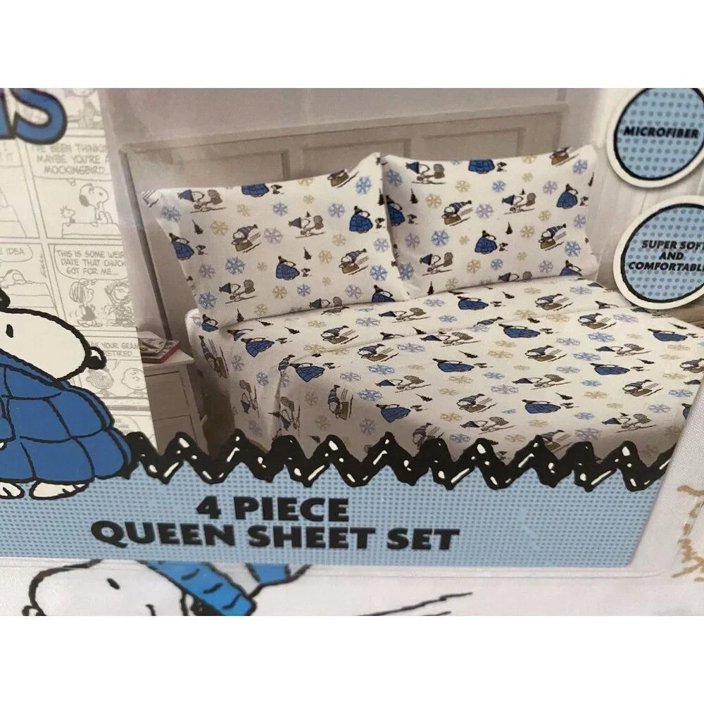 Peanuts Snoopy Puffy Coat QUEEN SZ Sheet Set Christmas Puffer Jacket White‎ Blue